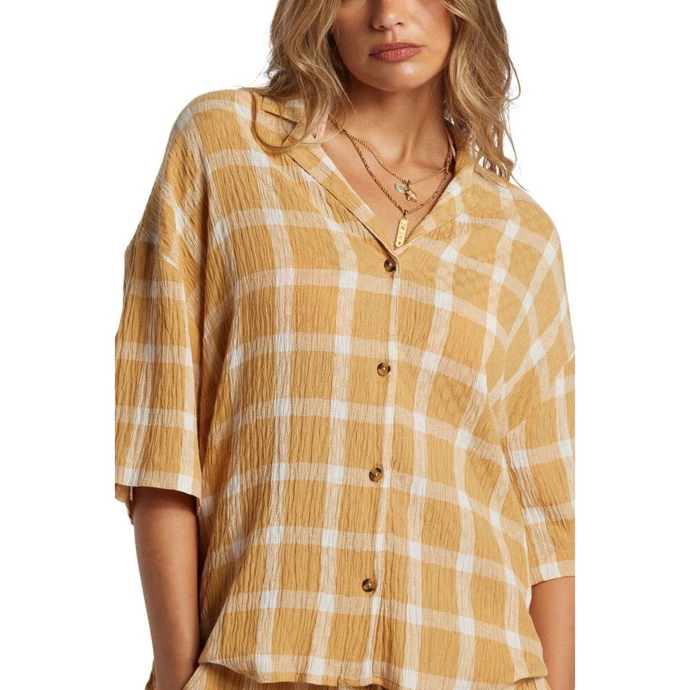 NWT Women's Size L Billabong Plaid Yellow Beach Side Oversized Button Up Top